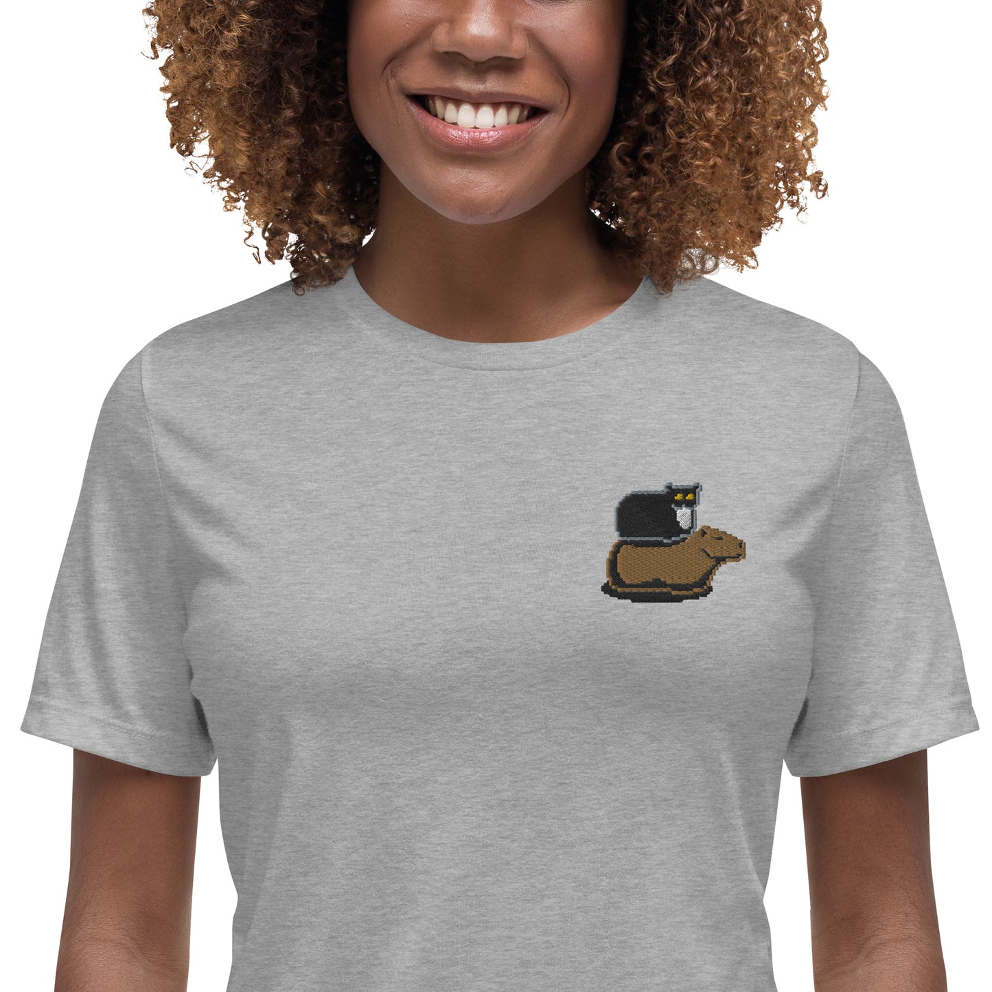 Women's Relaxed T-Shirt (Pixel Cat & Capy Embroidered)