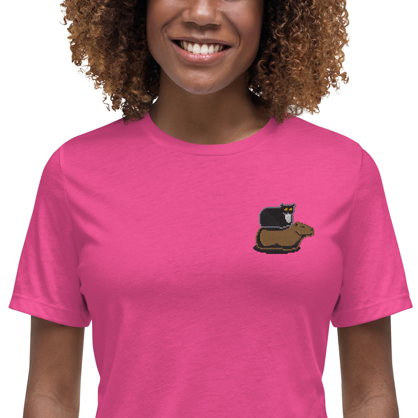 Women's Relaxed T-Shirt (Pixel Cat & Capy Embroidered)