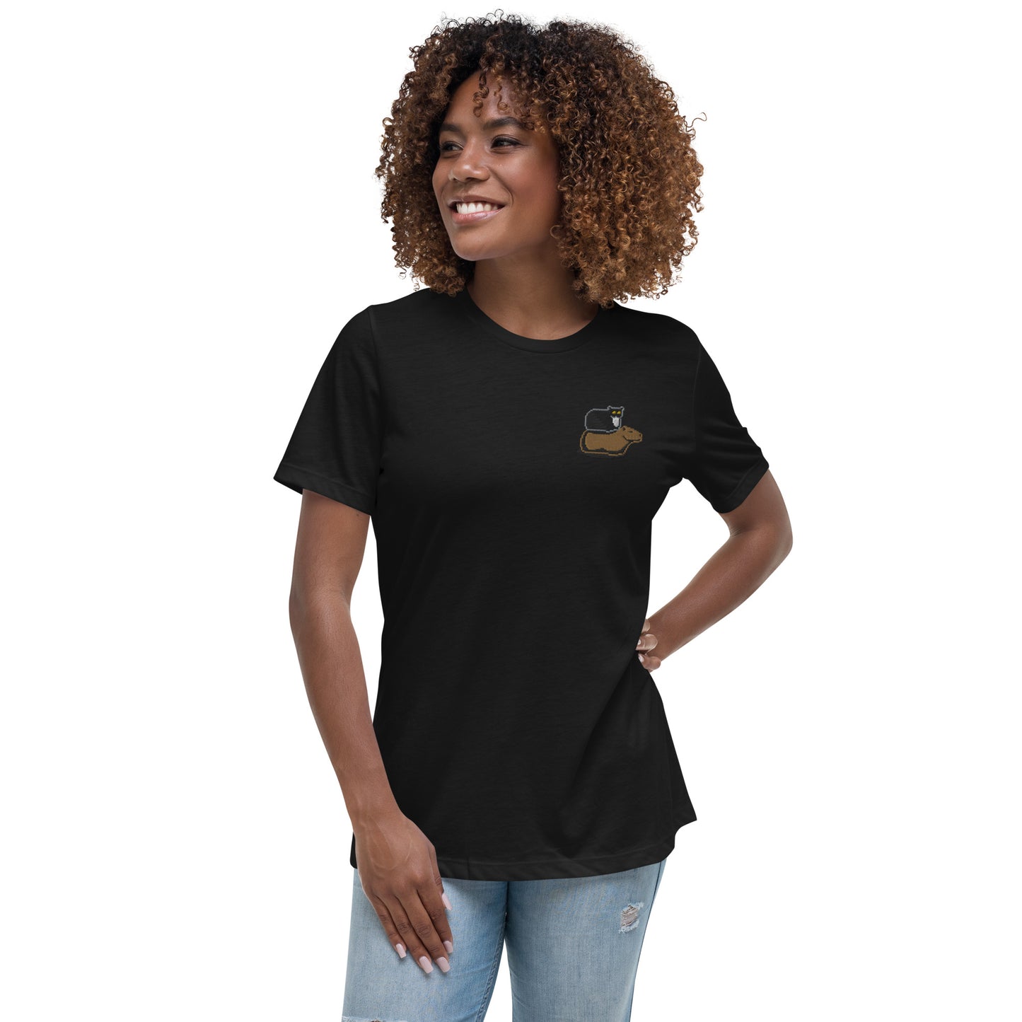 Women's Relaxed T-Shirt (Pixel Cat & Capy Embroidered)