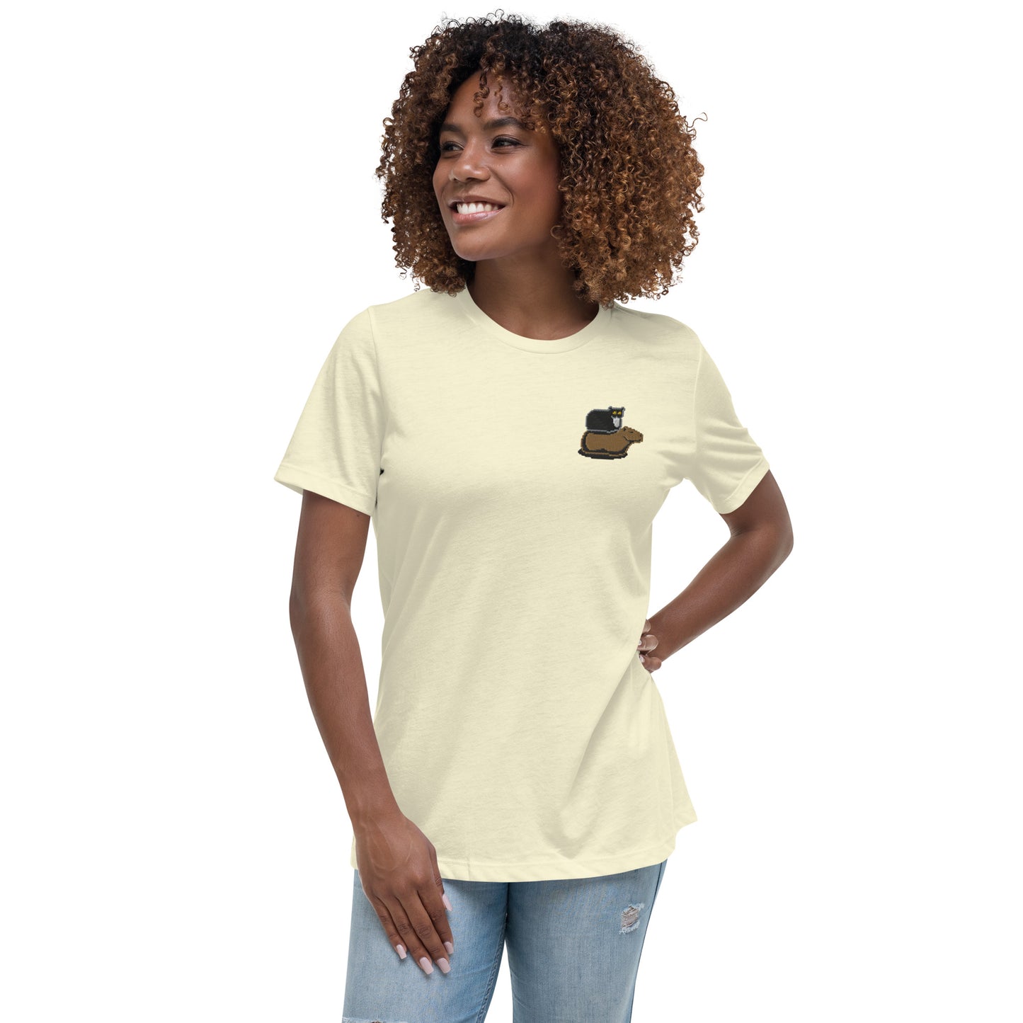 Women's Relaxed T-Shirt (Pixel Cat & Capy Embroidered)