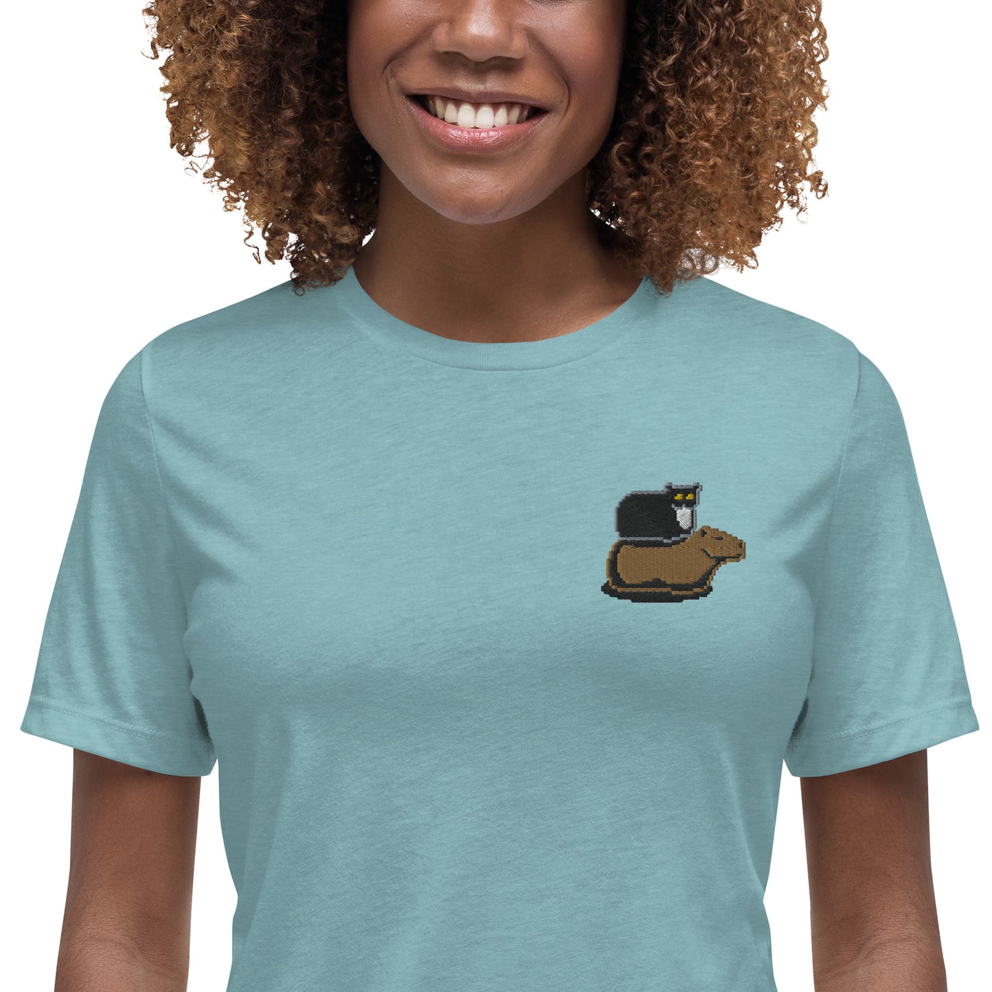 Women's Relaxed T-Shirt (Pixel Cat & Capy Embroidered)