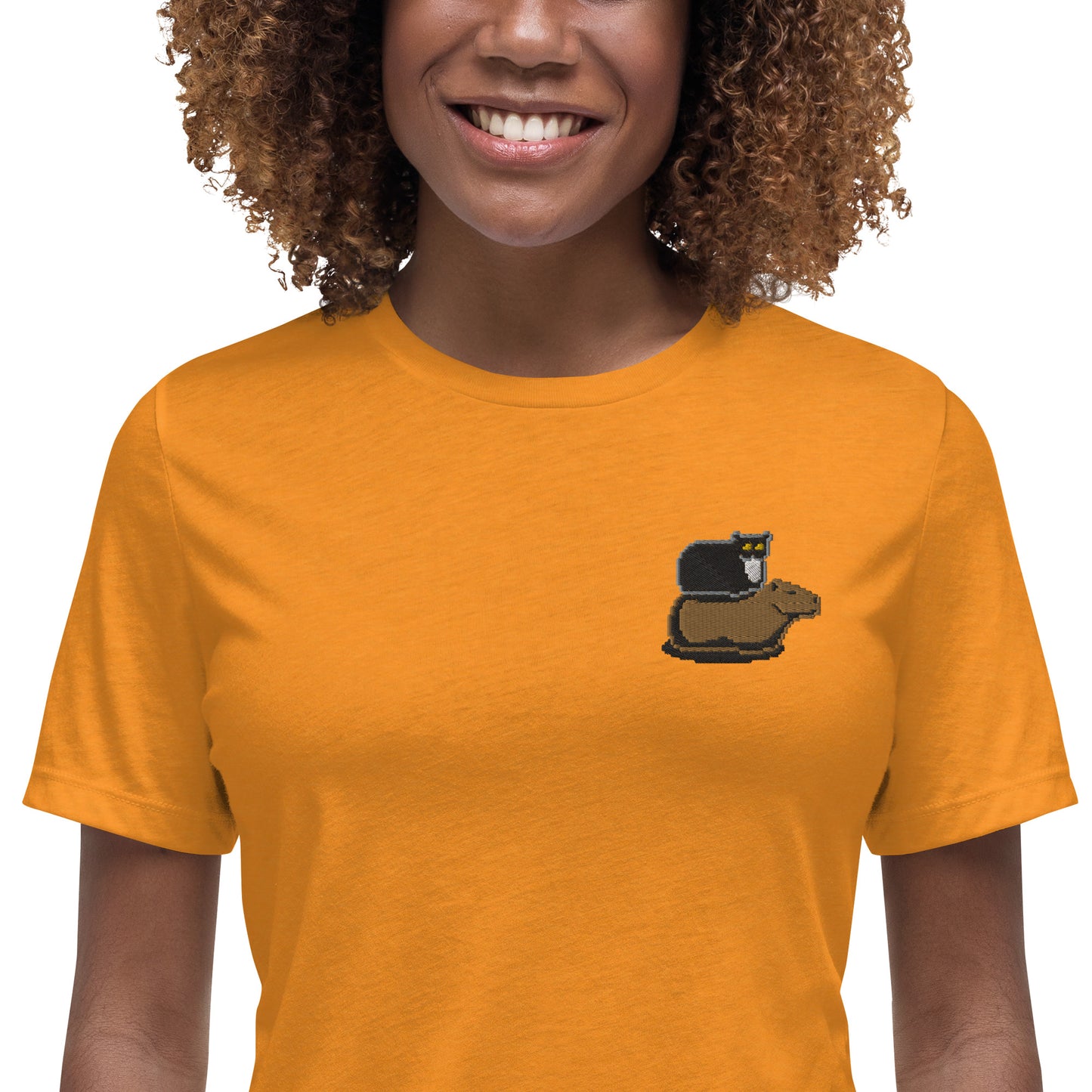 Women's Relaxed T-Shirt (Pixel Cat & Capy Embroidered)