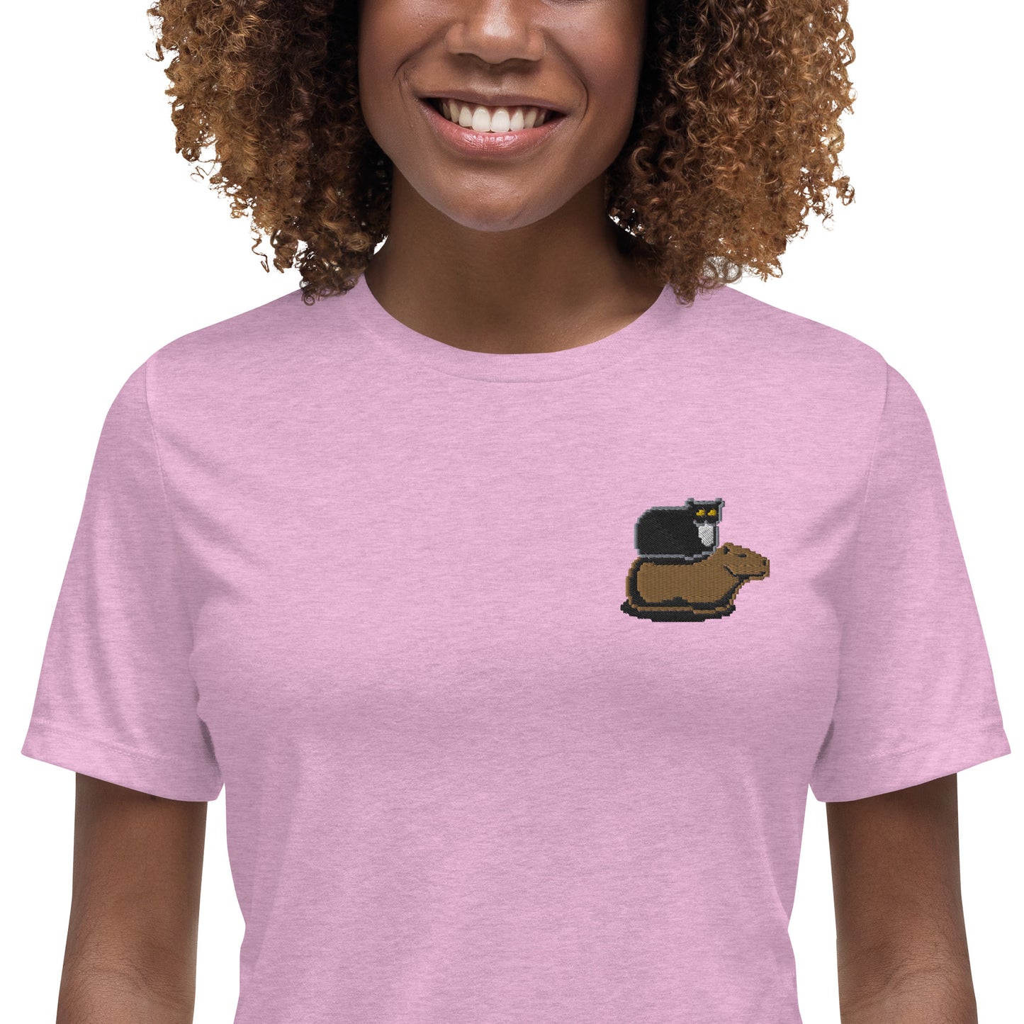 Women's Relaxed T-Shirt (Pixel Cat & Capy Embroidered)