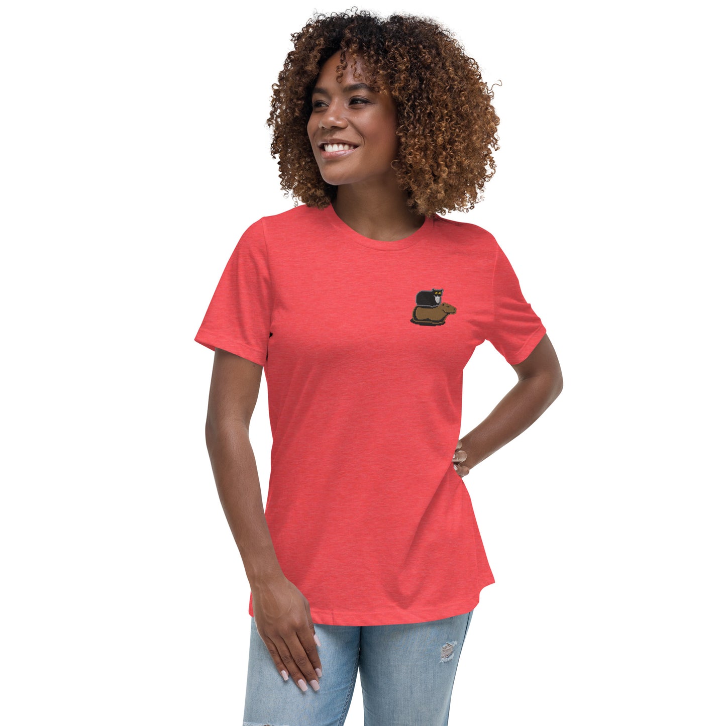 Women's Relaxed T-Shirt (Pixel Cat & Capy Embroidered)
