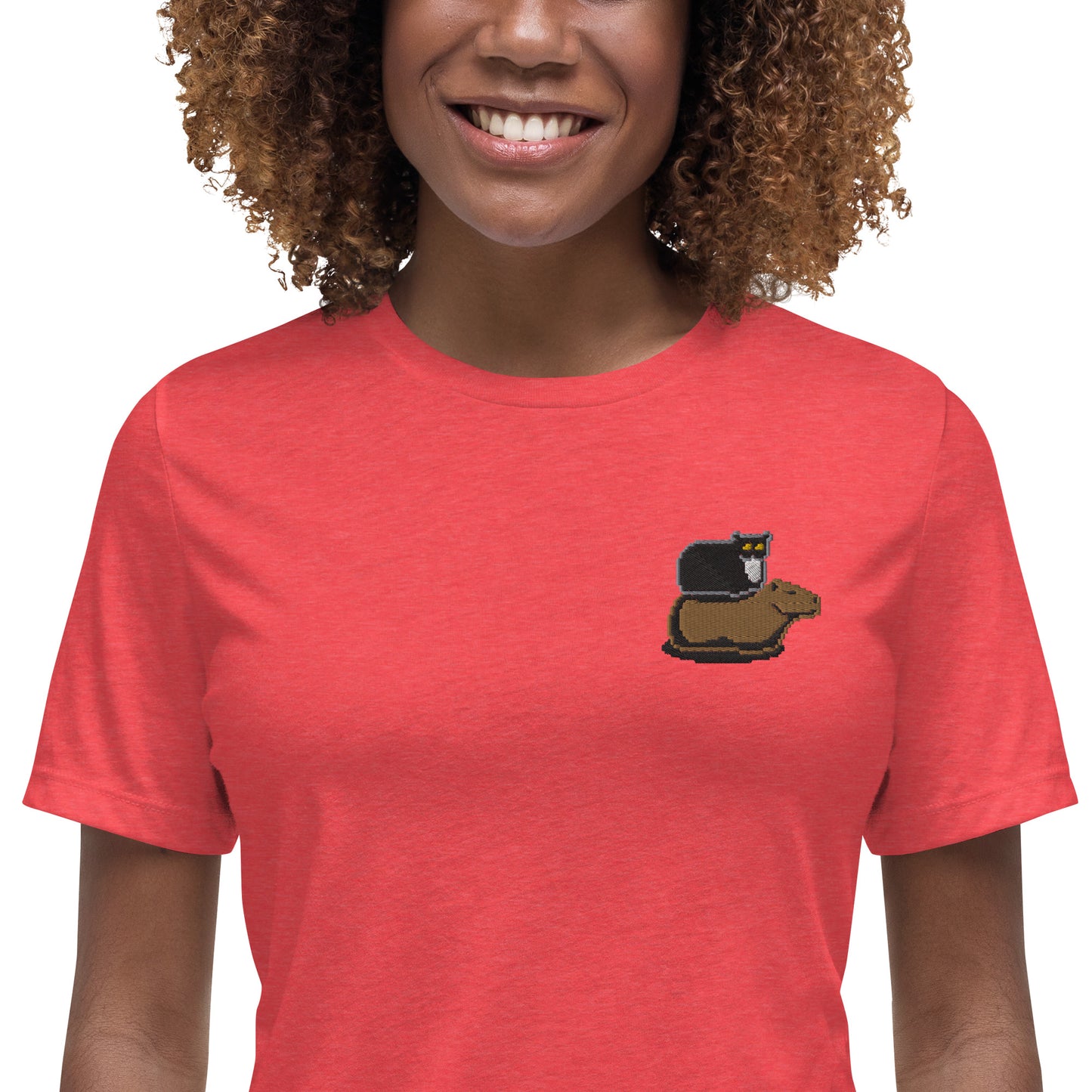 Women's Relaxed T-Shirt (Pixel Cat & Capy Embroidered)