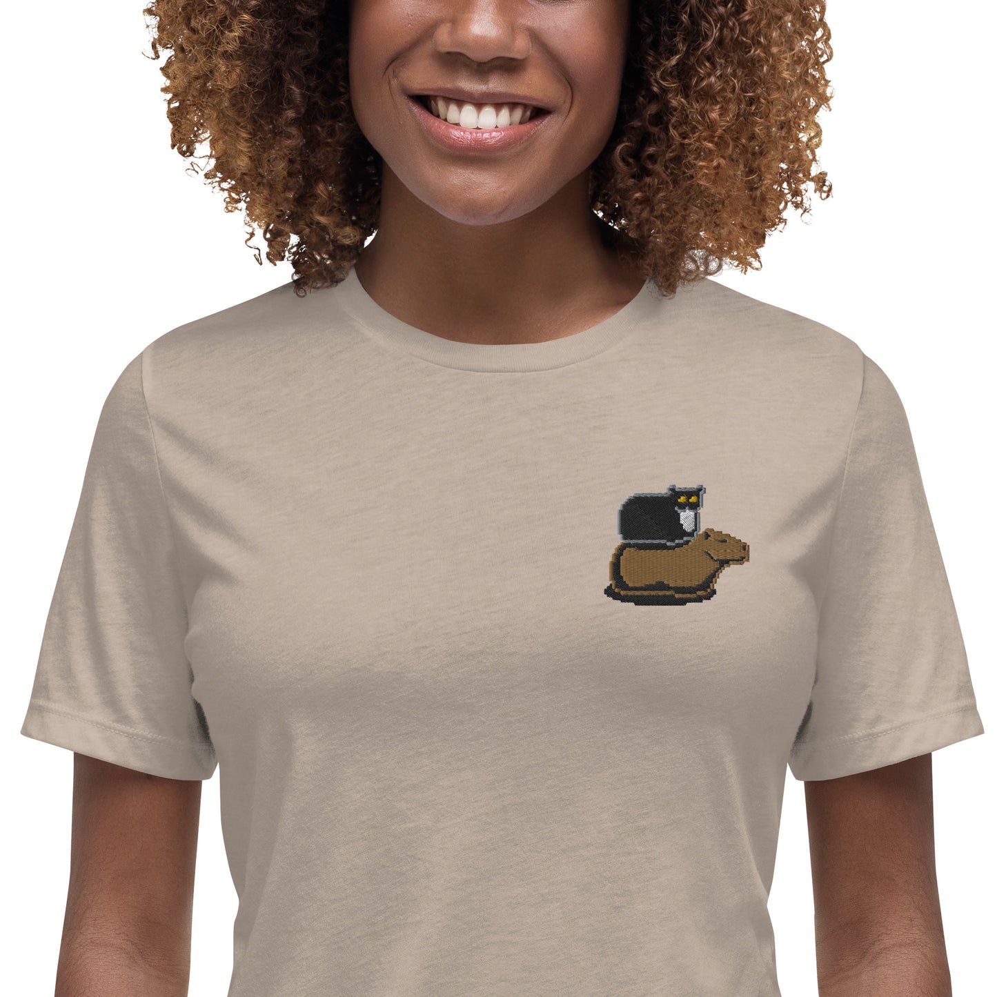 Women's Relaxed T-Shirt (Pixel Cat & Capy Embroidered)