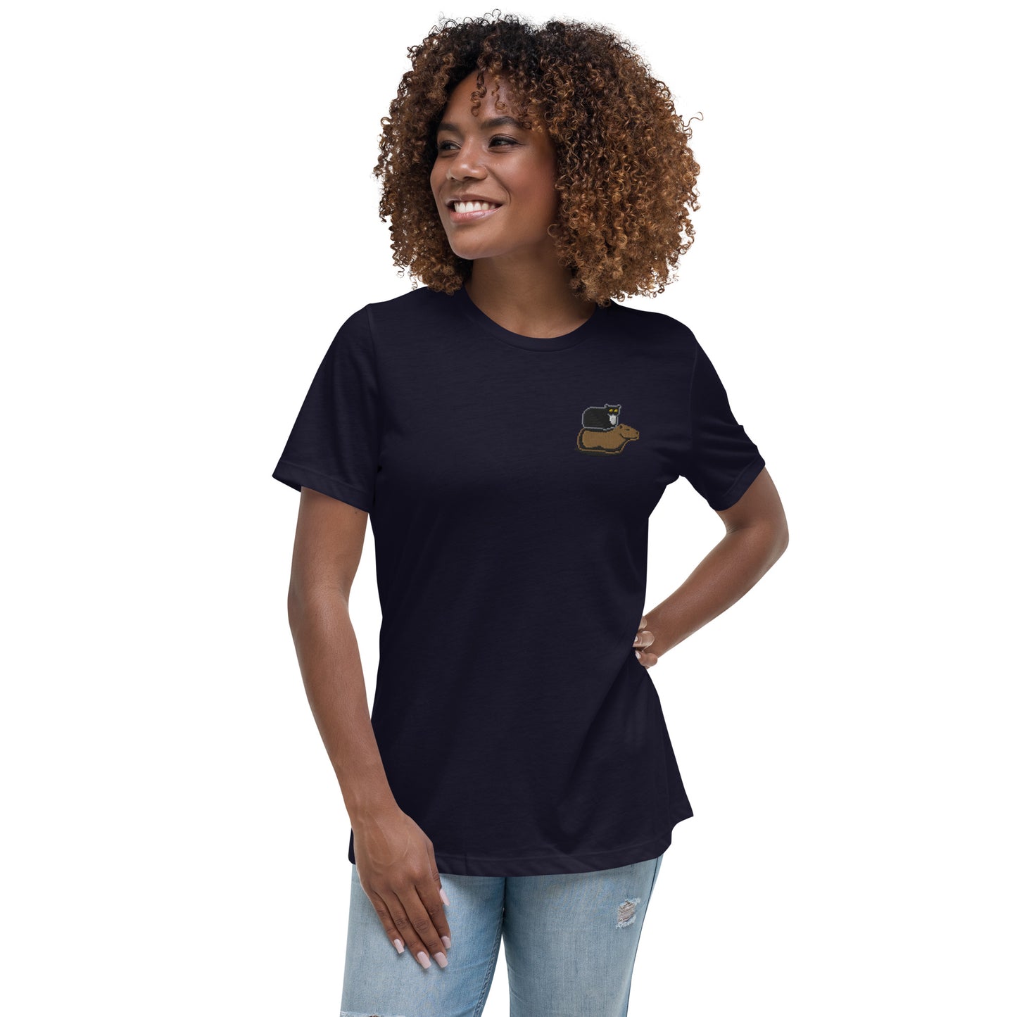 Women's Relaxed T-Shirt (Pixel Cat & Capy Embroidered)