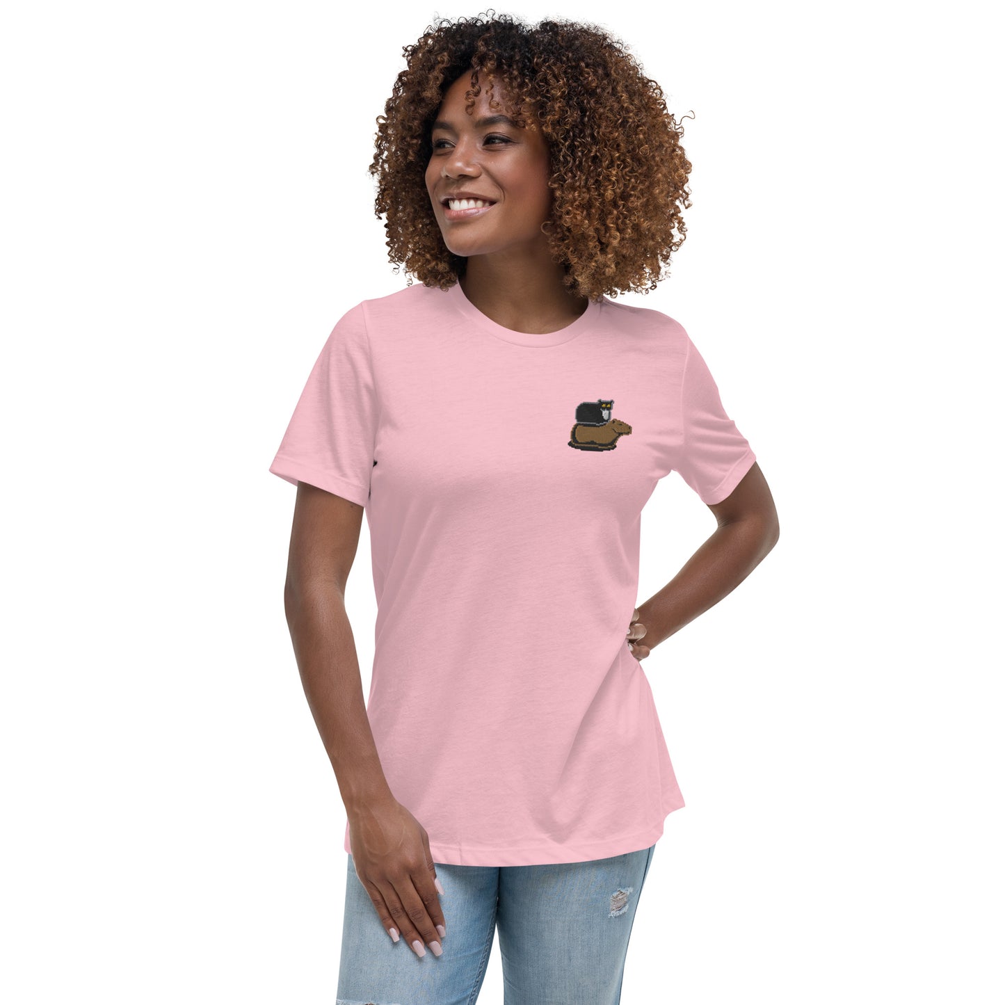 Women's Relaxed T-Shirt (Pixel Cat & Capy Embroidered)