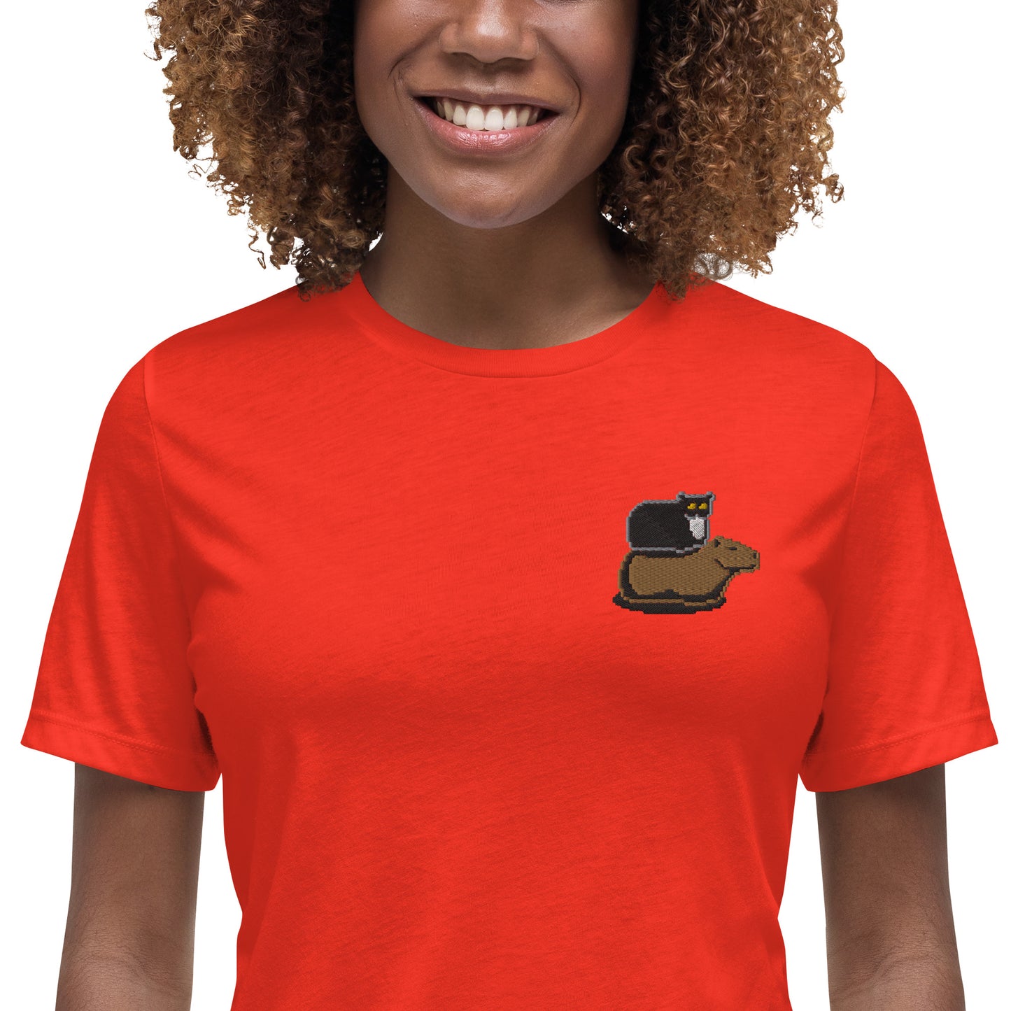 Women's Relaxed T-Shirt (Pixel Cat & Capy Embroidered)