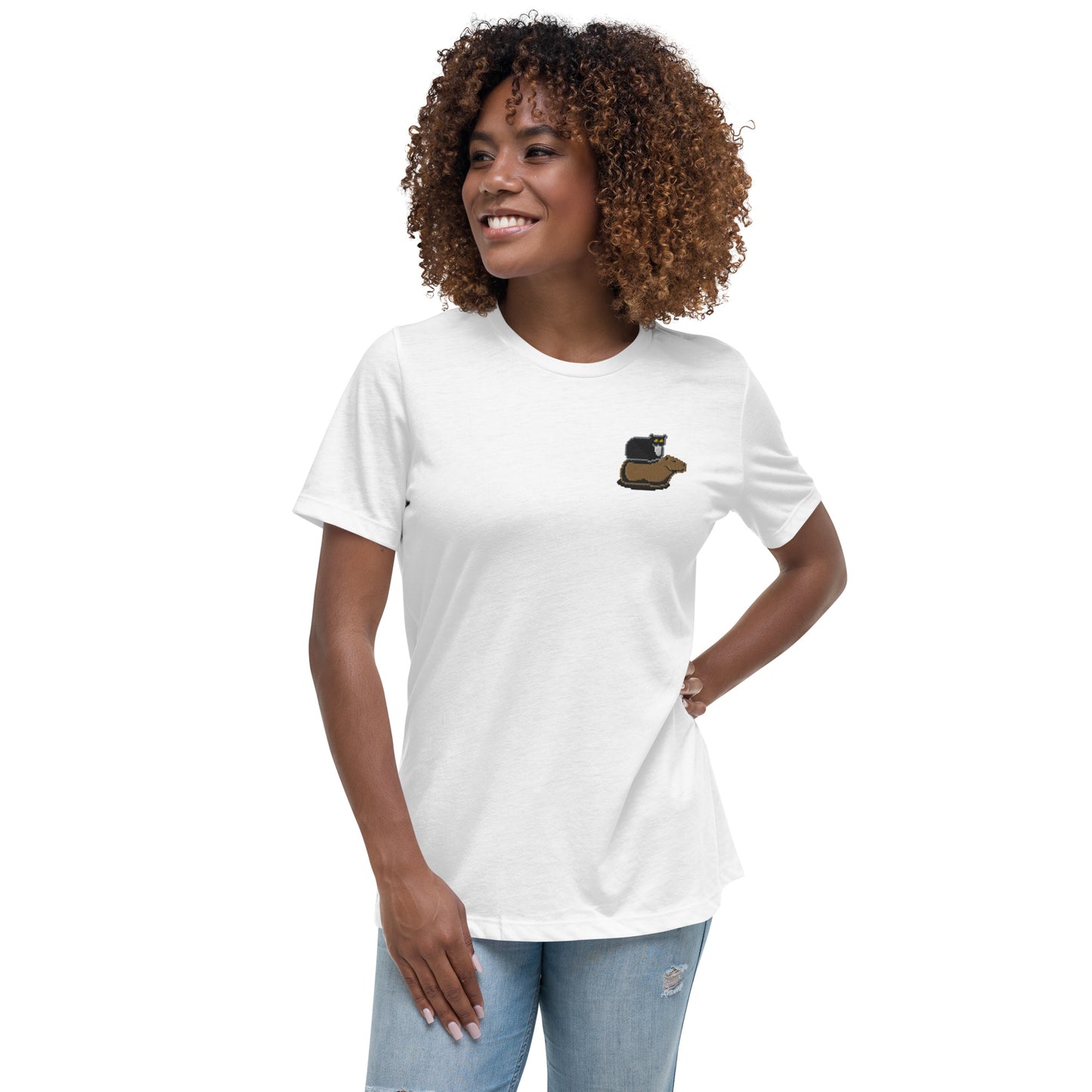Women's Relaxed T-Shirt (Pixel Cat & Capy Embroidered)